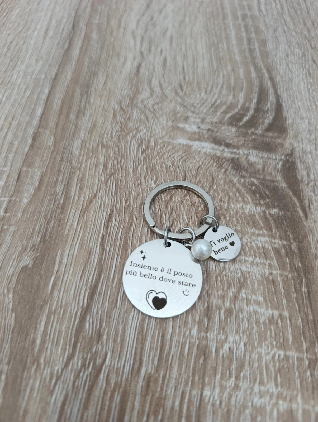 Porte-clés message d'amour en acier inoxydable – Cadeau romantique – Perle & gravure italienne